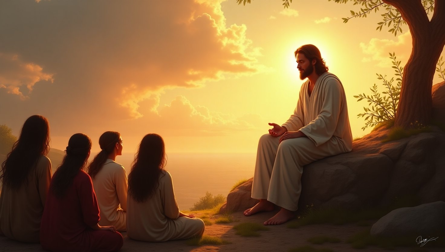 Jesus sentado em uma colina ao pôr do sol, ensinando um pequeno grupo de seguidores sentados à sua frente, sob uma árvore, com o mar ao fundo, em uma cena serena e inspiradora de discipulado e comunhão espiritual.