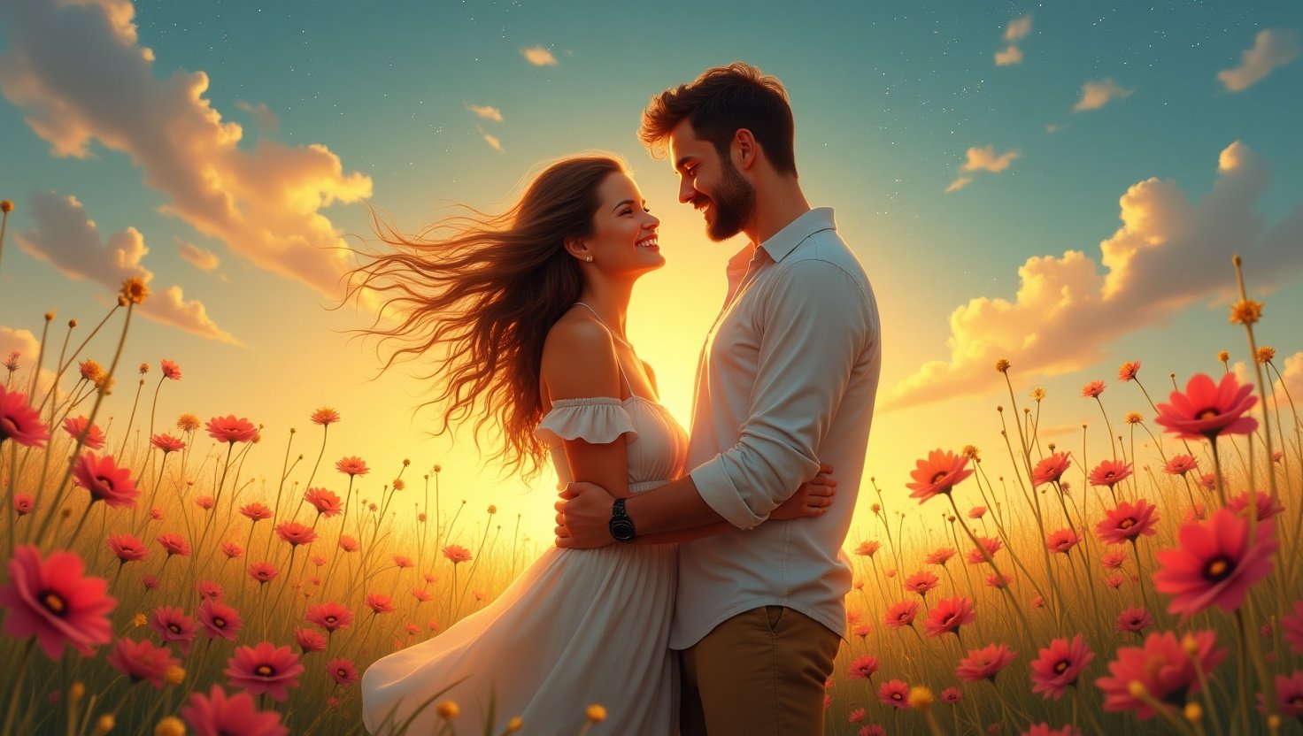 Casal jovem apaixonado se olhando com ternura e sorrisos, abraçados em um campo florido ao pôr do sol, transmitindo amor, conexão emocional e romance em meio à natureza.