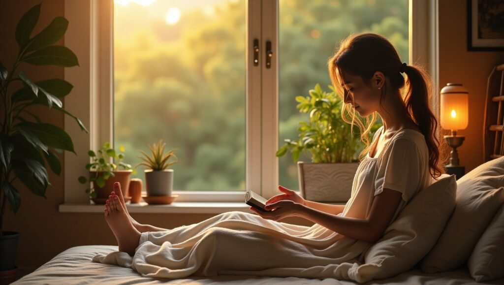 Jovem escrevendo afirmações positivas em um diário, sentada na cama com luz suave ao pôr do sol, ambiente acolhedor com plantas