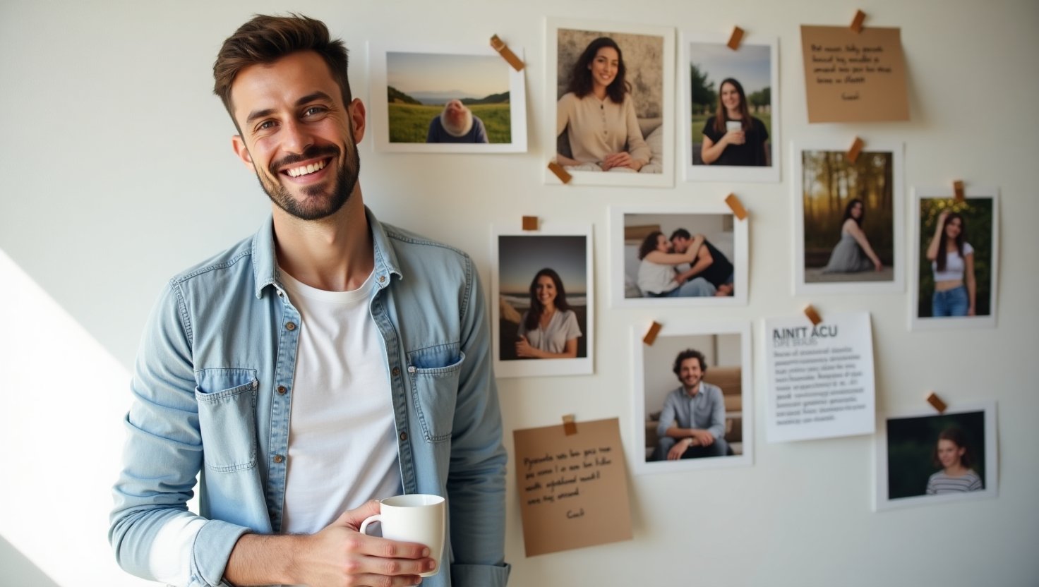 Homem jovem sorridente segurando uma xícara de café em frente a mural com fotos sentimentais e mensagens de amor