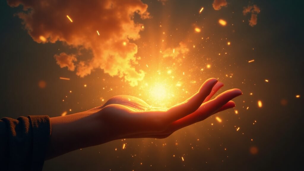 Mão feminina segurando luz brilhante com faíscas douradas em ambiente mágico e energético