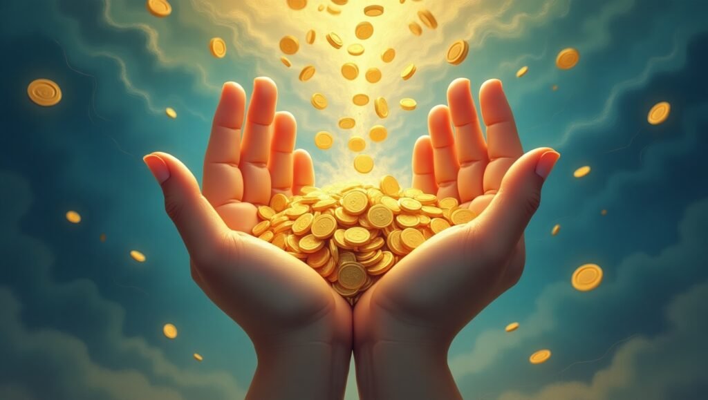 Mãos humanas segurando uma pilha de moedas de ouro sob uma chuva dourada em céu azul, simbolizando prosperidade, abundância financeira, manifestação de riqueza e poder da gratidão e atração do dinheiro.