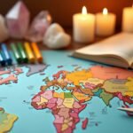 Mapa-múndi com cristais, velas e livro aberto usado para visualização criativa e planejamento de sonhos