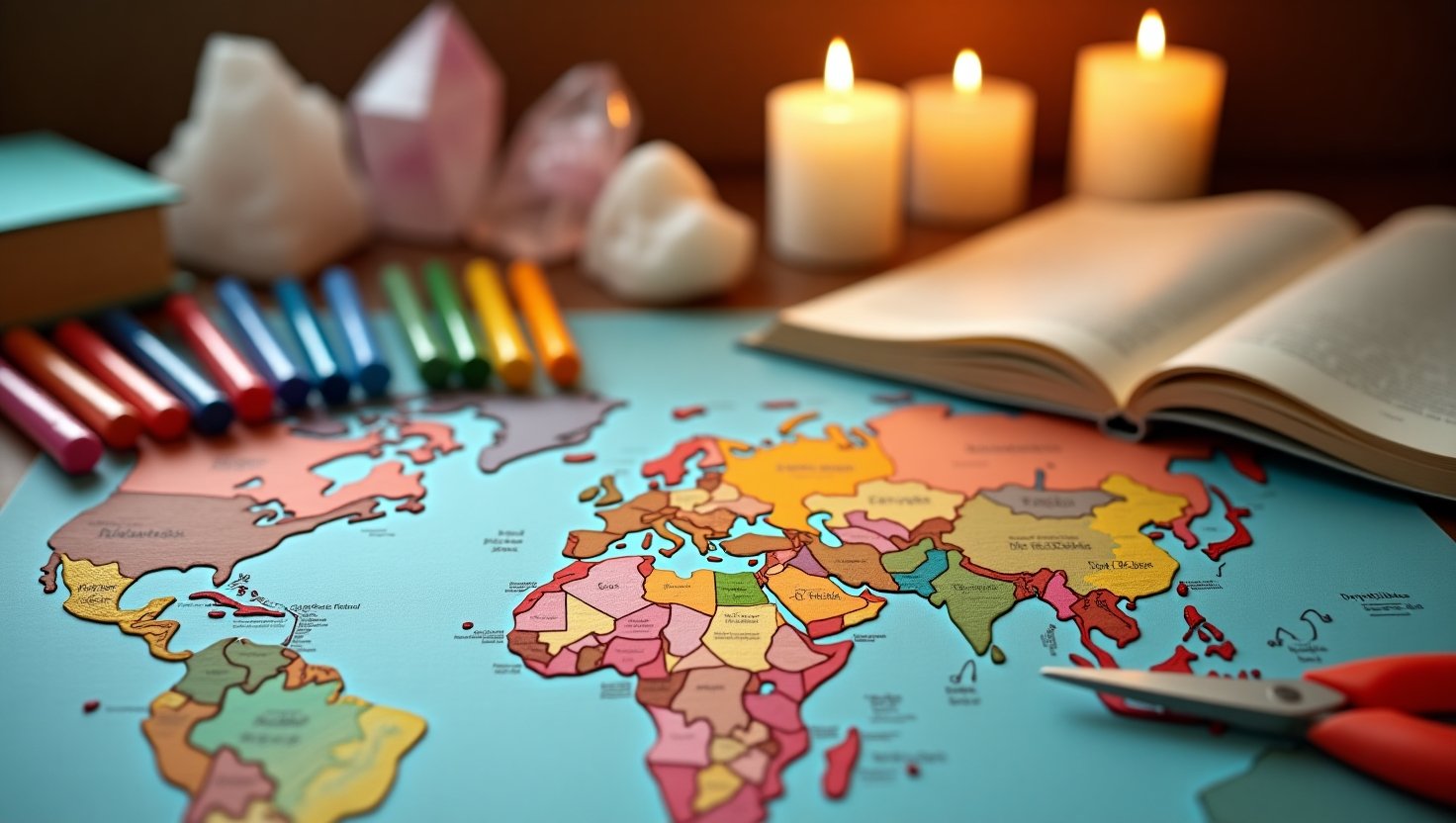 Mapa-múndi com cristais, velas e livro aberto usado para visualização criativa e planejamento de sonhos