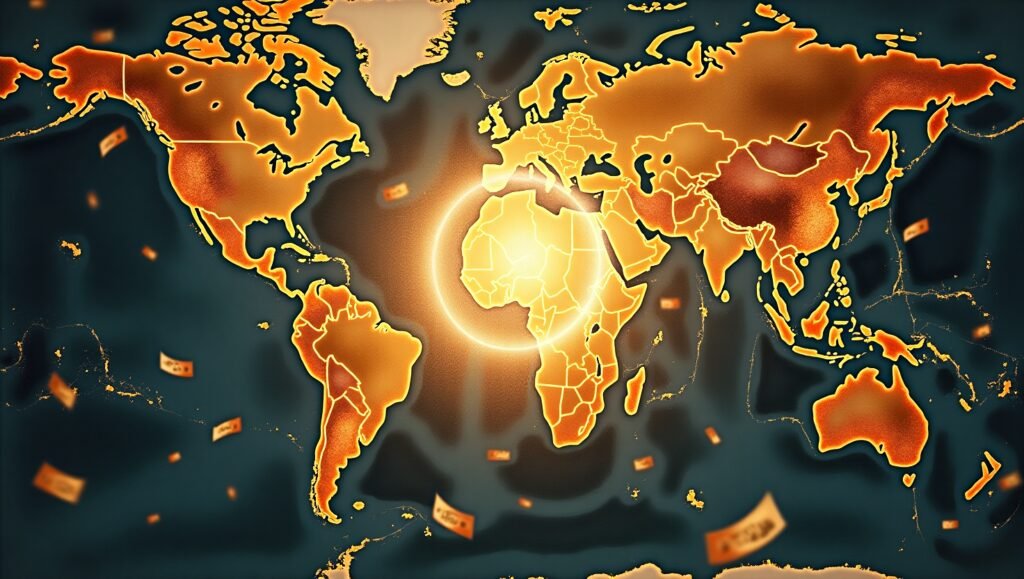 Mapa do mundo irradiando energia dourada e abundância com notas flutuantes ao redor