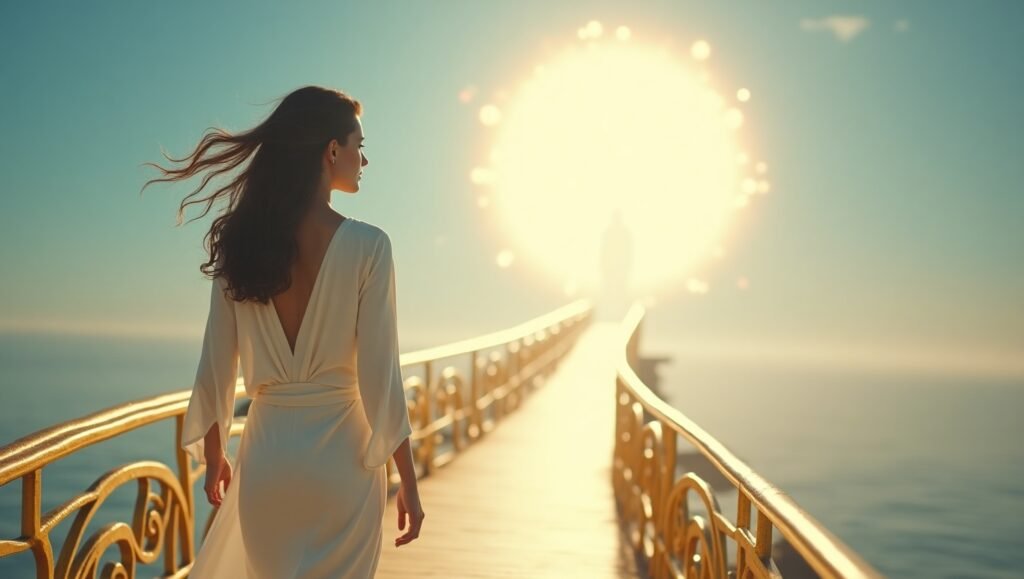 Mulher de vestido branco caminhando sobre uma ponte dourada em direção a um portal de luz intensa ao pôr do sol, simbolizando jornada espiritual, autoconhecimento e iluminação interior.