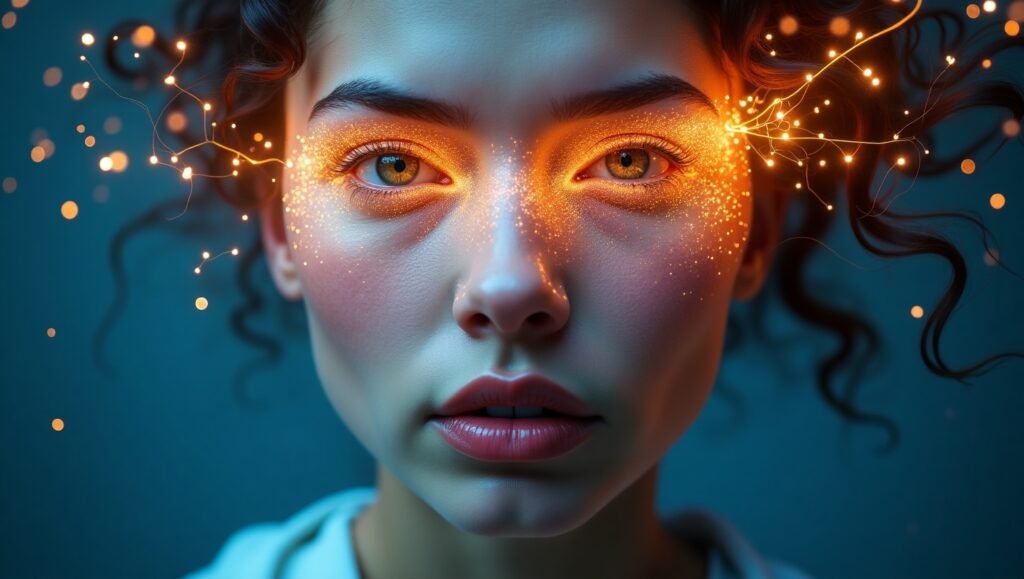 Retrato de uma mulher com olhos brilhantes e partículas de luz laranja ao redor dos olhos, simbolizando energia e conexão neural em estilo futurista.a Lei da Atração Tem Limites