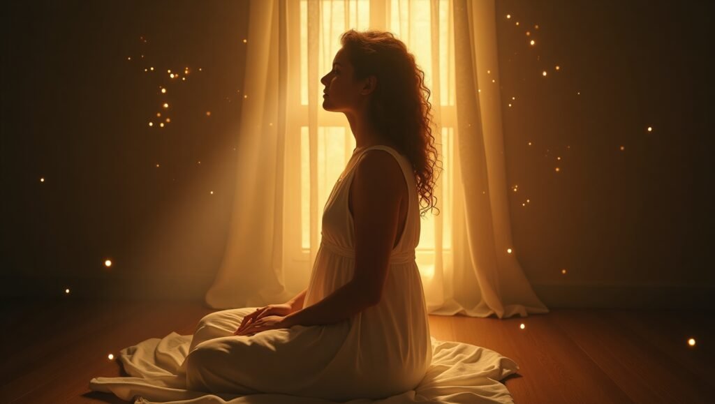 Mulher cristã orando em um ambiente sereno, iluminado apenas pela luz suave que entra pela janela ao fundo, com partículas de luz flutuando no ar, criando uma atmosfera de paz e espiritualidade.