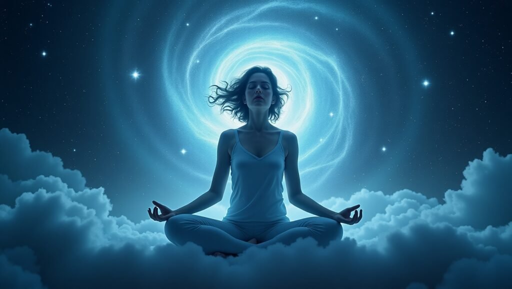 Mulher jovem meditando em posição de lótus entre nuvens, cercada por luzes cósmicas e galáxias, simbolizando conexão espiritual com o universo.