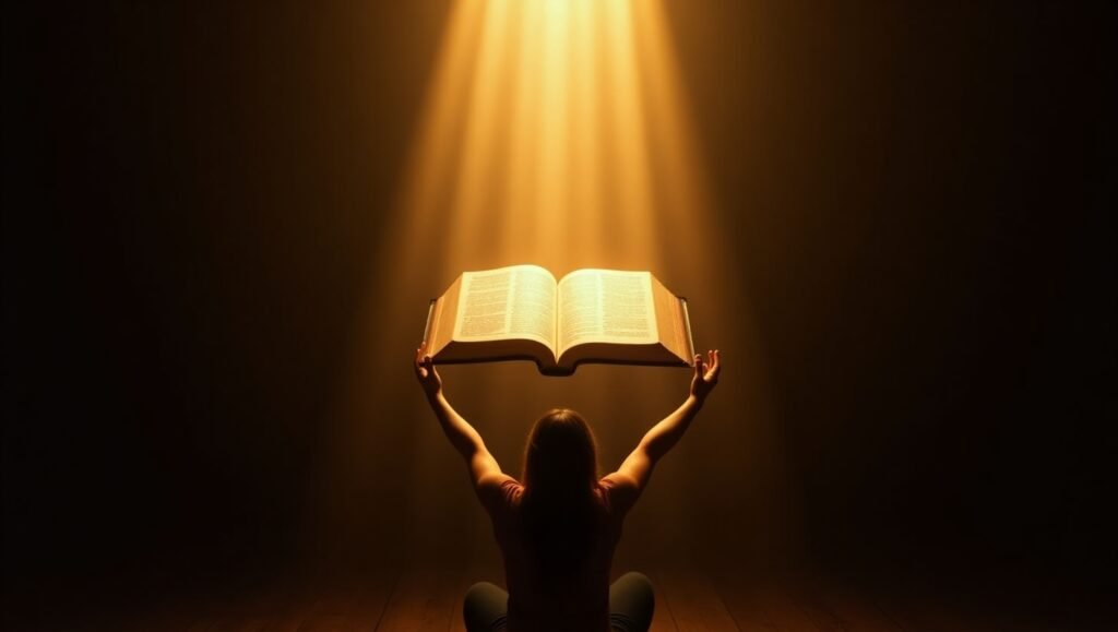 Mulher ajoelhada erguendo uma Bíblia aberta em Salmos, com feixes de luz divina iluminando as páginas, ambiente de adoração e fé, fundo escuro e espiritual.