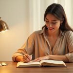Mulher escrevendo afirmações positivas em diário com moedas ao redor representando abundância