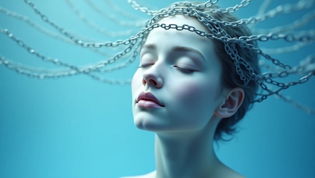 Mulher futurista com olhos fechados, cercada por correntes metálicas na cabeça, fundo azul, estilo artístico conceitual.