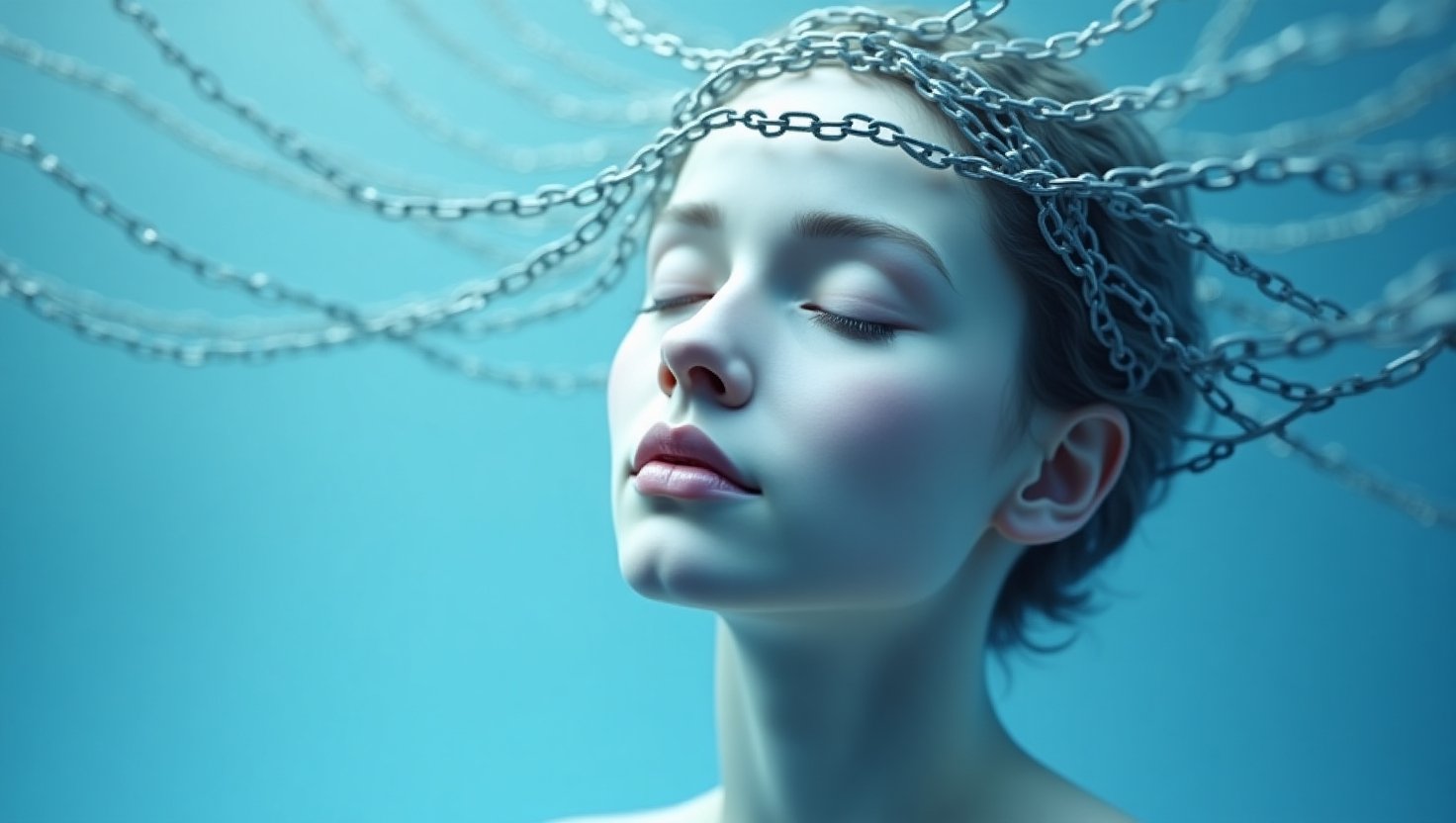 Mulher futurista com olhos fechados, cercada por correntes metálicas na cabeça, fundo azul, estilo artístico conceitual.