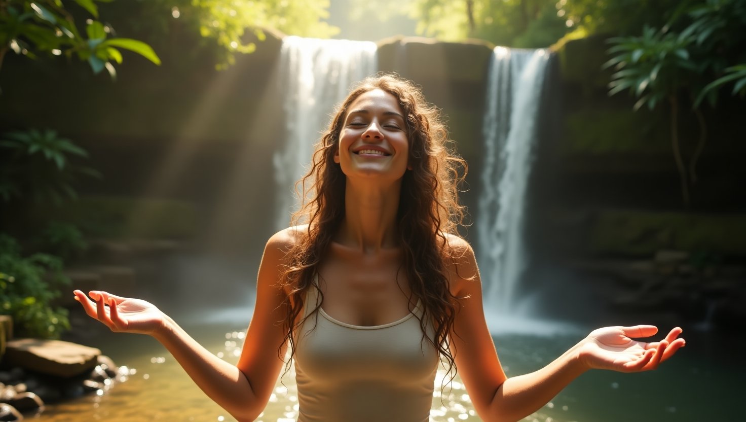 Mulher sorridente com expressão de serenidade em frente a uma cachoeira iluminada pelo sol, representando conexão com a natureza, felicidade e bem-estar interior.