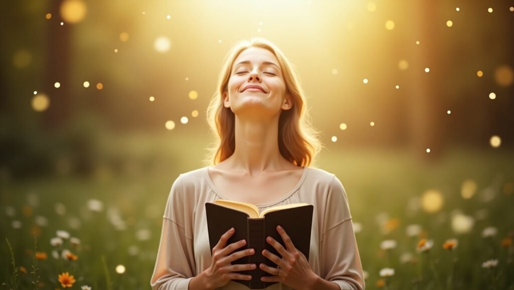 Mulher jovem e serena segurando uma bíblia aberta nas mãos, sorrindo com os olhos fechados em um campo florido ao pôr do sol, com luz dourada suave e partículas flutuantes ao redor.