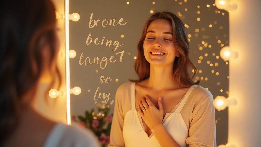Mulher jovem sorrindo em frente a um espelho iluminado por luzes de camarim, com frases motivacionais escritas no espelho e fundo decorado com luzes douradas desfocadas.