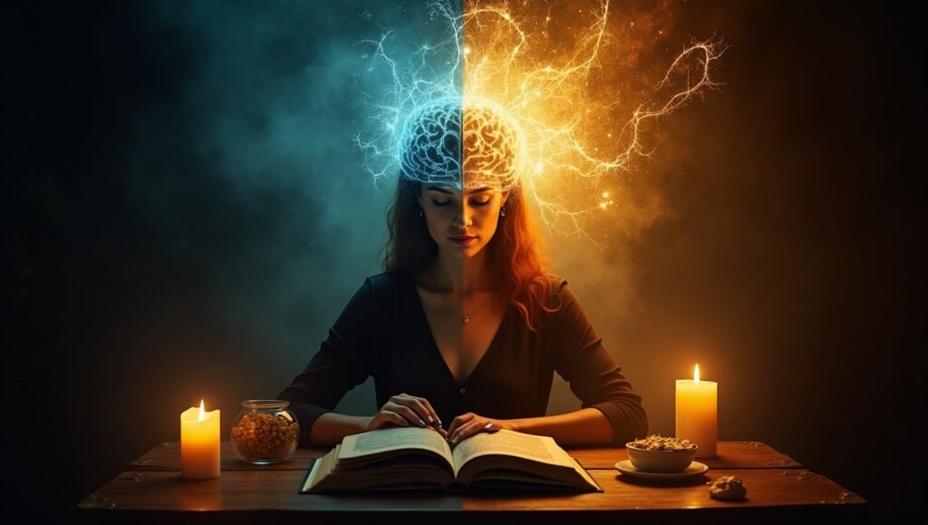 Mulher sentada lendo um livro à luz de velas, com cérebro dividido em duas energias, azul e laranja, simbolizando equilíbrio entre razão e intuição. Manifestar não é Magia