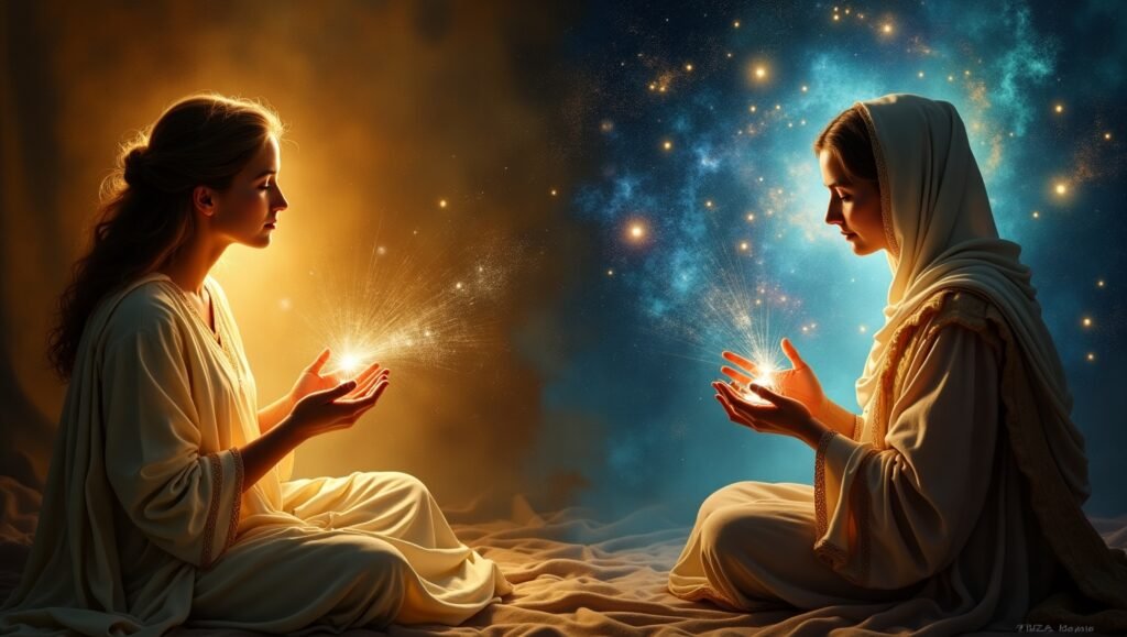 Duas mulheres sentadas frente a frente em profunda conexão espiritual, uma meditando à luz dourada e outra orando sob o céu estrelado, representando equilíbrio entre energia terrena e cósmica.