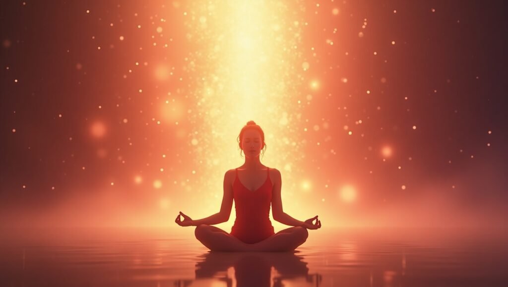 Mulher meditando em posição de lótus, rodeada por luz dourada e partículas brilhantes, simbolizando paz interior e energia espiritual