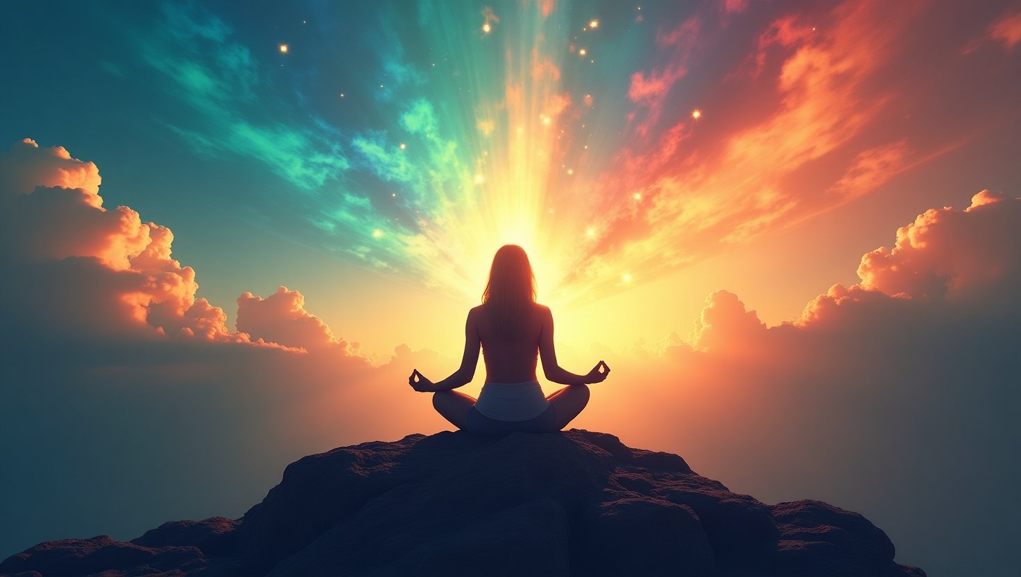 Mulher meditando no topo de uma montanha ao pôr do sol, com luzes coloridas e raios de energia espiritual se espalhando pelo céu.