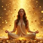 Mulher meditando em posição de lótus cercada por moedas de ouro flutuando, em meio a uma atmosfera dourada e brilhante, representando abundância, prosperidade financeira e manifestação da riqueza através da meditação e da energia positiva.