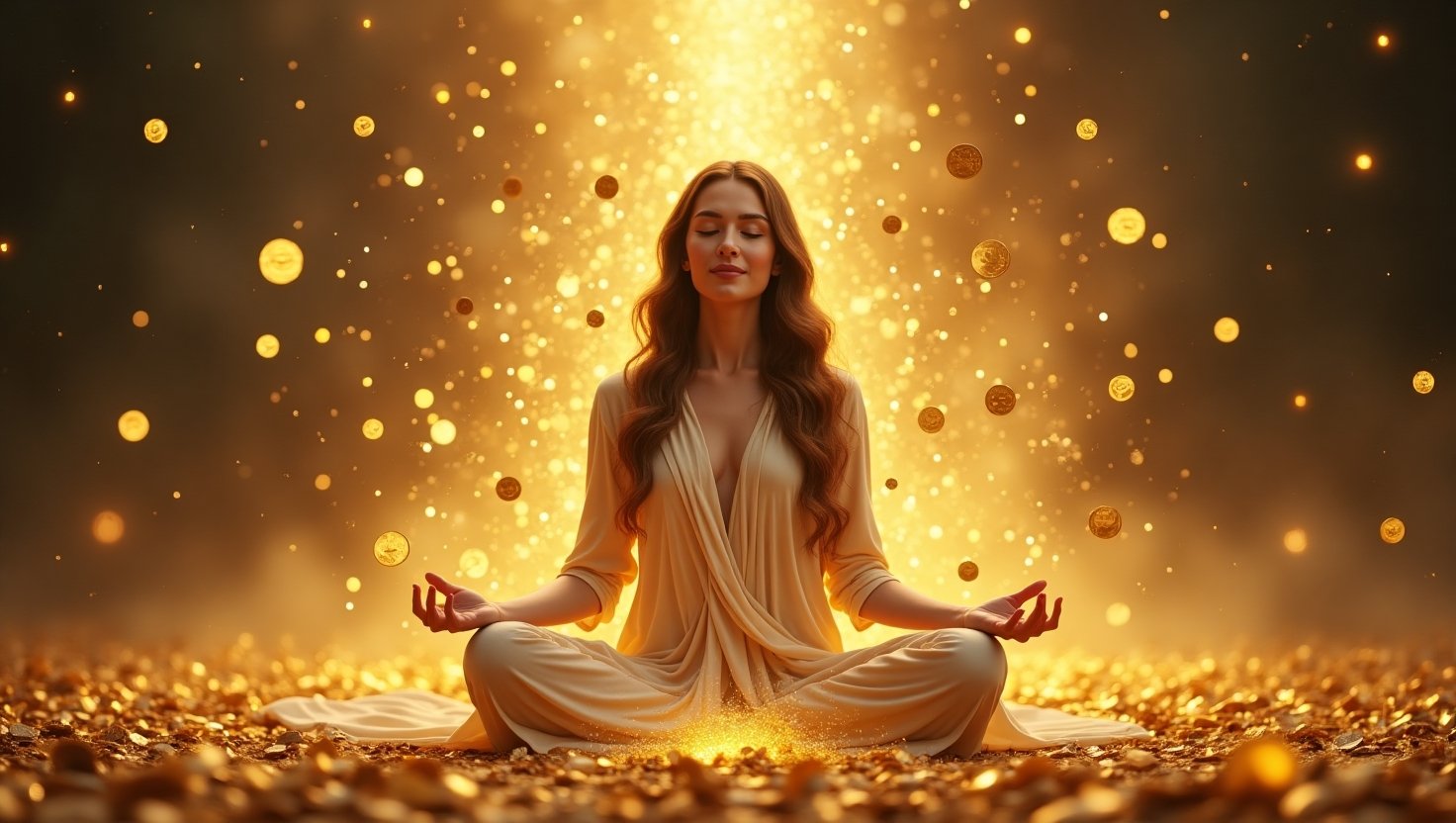 Mulher meditando em posição de lótus cercada por moedas de ouro flutuando, em meio a uma atmosfera dourada e brilhante, representando abundância, prosperidade financeira e manifestação da riqueza através da meditação e da energia positiva.
