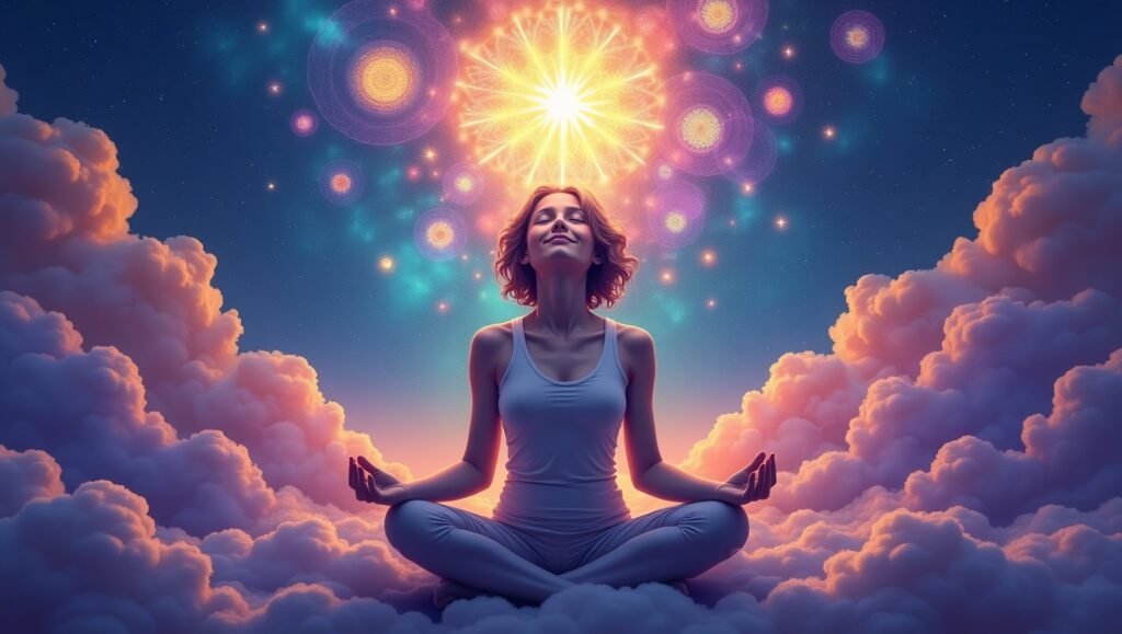 Mulher meditando entre nuvens em cenário místico e futurista, com luz cósmica brilhando acima, representando conexão espiritual, energia positiva e elevação da consciência.