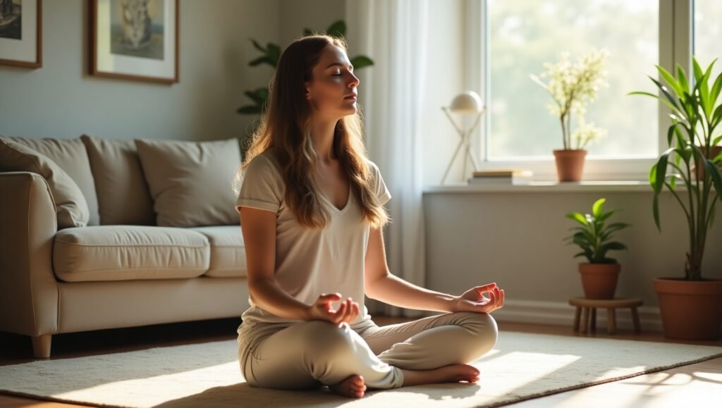 Mulher meditando sentada em posição de lótus em uma sala iluminada pelo sol da manhã, cercada por plantas e decoração minimalista, transmitindo paz, autocuidado e bem-estar.