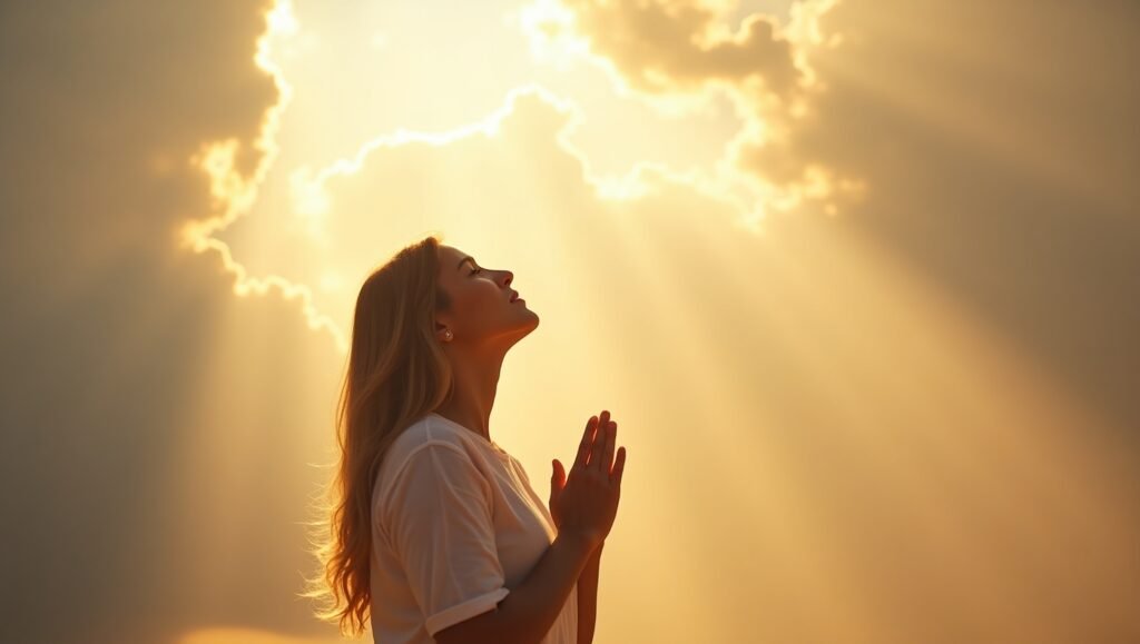 Mulher orando com as mãos unidas, olhando para o céu enquanto um feixe de luz dourada atravessa as nuvens, criando uma atmosfera de fé, espiritualidade e esperança.