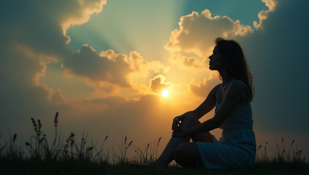 Mulher sentada no chão olhando para o céu ao pôr do sol, com nuvens e raios de sol ao fundo. Frustração na Lei da Atração