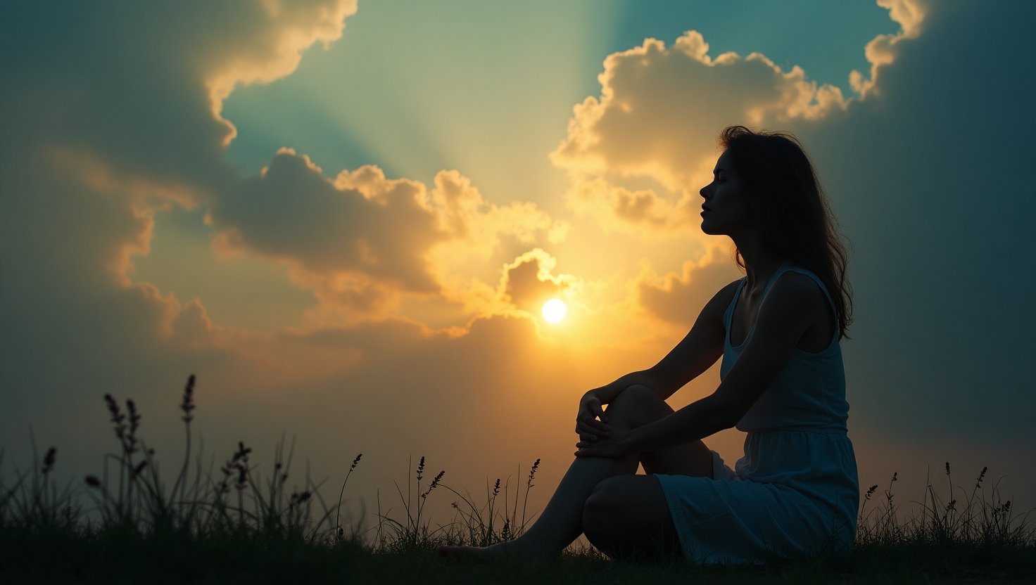 Mulher sentada no chão olhando para o céu ao pôr do sol, com nuvens e raios de sol ao fundo. Frustração na Lei da Atração