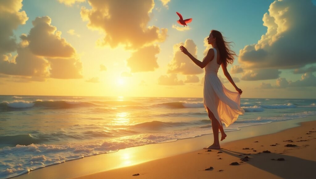 Mulher caminhando serenamente na praia ao pôr do sol, soltando um pássaro vermelho, simbolizando liberdade, paz interior e conexão com a natureza