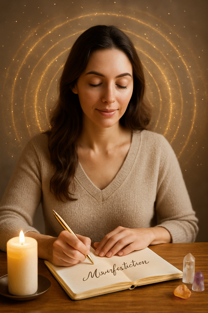 Mulher serena escrevendo em diário de manifestação com olhos fechados, rodeada por cristais, vela acesa e aura energética dourada, simbolizando conexão espiritual e poder da intenção.
