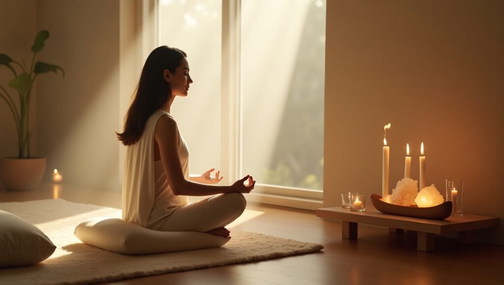 Mulher serena meditando sentada em posição de lótus em um ambiente tranquilo, com luz natural entrando pela janela e velas acesas ao lado, transmitindo calma, foco e espiritualidade.