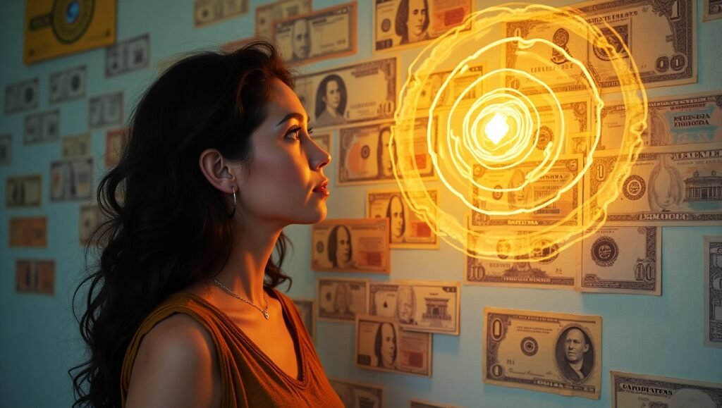 Mulher olhando com concentração para um quadro dos sonhos repleto de notas de dinheiro, com luz dourada em espiral simbolizando manifestação da riqueza pela Lei da Atração.