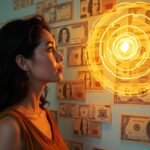 Mulher olhando com concentração para um quadro dos sonhos repleto de notas de dinheiro, com luz dourada em espiral simbolizando manifestação da riqueza pela Lei da Atração.