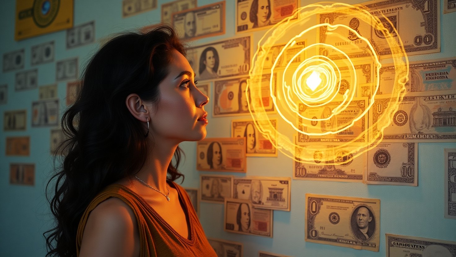 Mulher olhando com concentração para um quadro dos sonhos repleto de notas de dinheiro, com luz dourada em espiral simbolizando manifestação da riqueza pela Lei da Atração.
