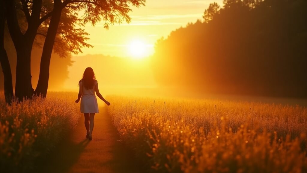 Mulher caminhando descalça por uma trilha em campo florido durante o pôr do sol, cercada por árvores e luz dourada, simbolizando liberdade, conexão com a natureza e tranquilidade interior.