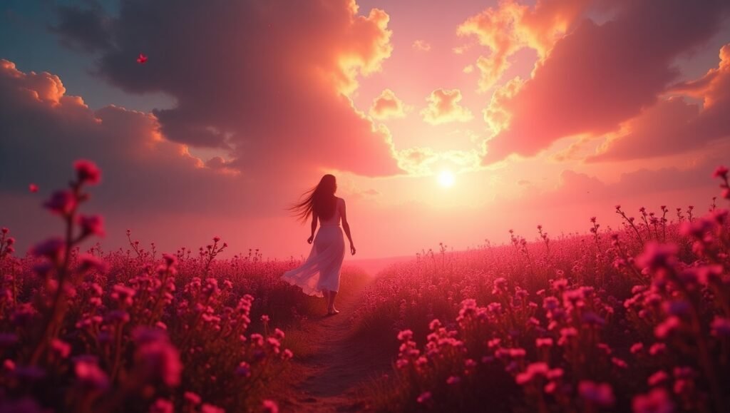 Mulher caminhando descalça por um campo de flores rosas ao pôr do sol, com vestido branco esvoaçante, cercada por nuvens e céu em tons de rosa e laranja vibrantes.