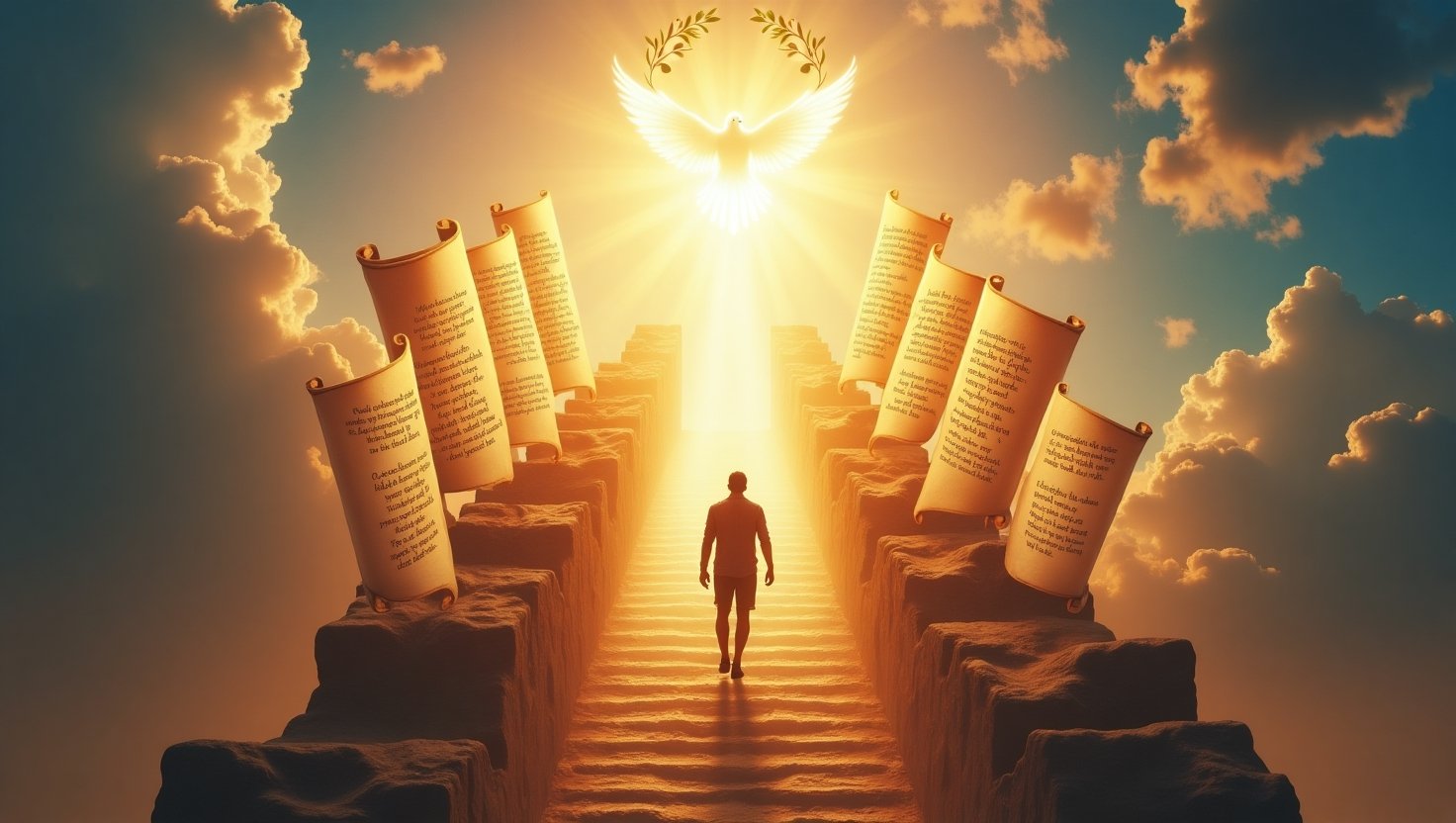 Pessoa caminhando em escadaria celestial em direção à luz de Deus, cercada por pergaminhos sagrados e pomba branca simbolizando o Espírito Santo