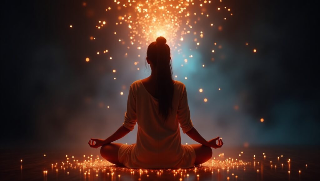 Mulher meditando em posição de lótus cercada por partículas de luz brilhantes, representando conexão espiritual, energia interior e bem-estar mental em ambiente escuro com iluminação mística.ciência quântica e a Lei da Atração