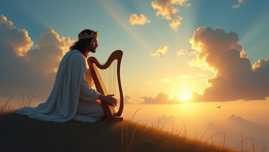 Representação do Rei Davi em oração ao amanhecer, tocando harpa sobre uma colina, com raios de sol dourados atravessando nuvens no céu, cena de inspiração bíblica e espiritualidade.