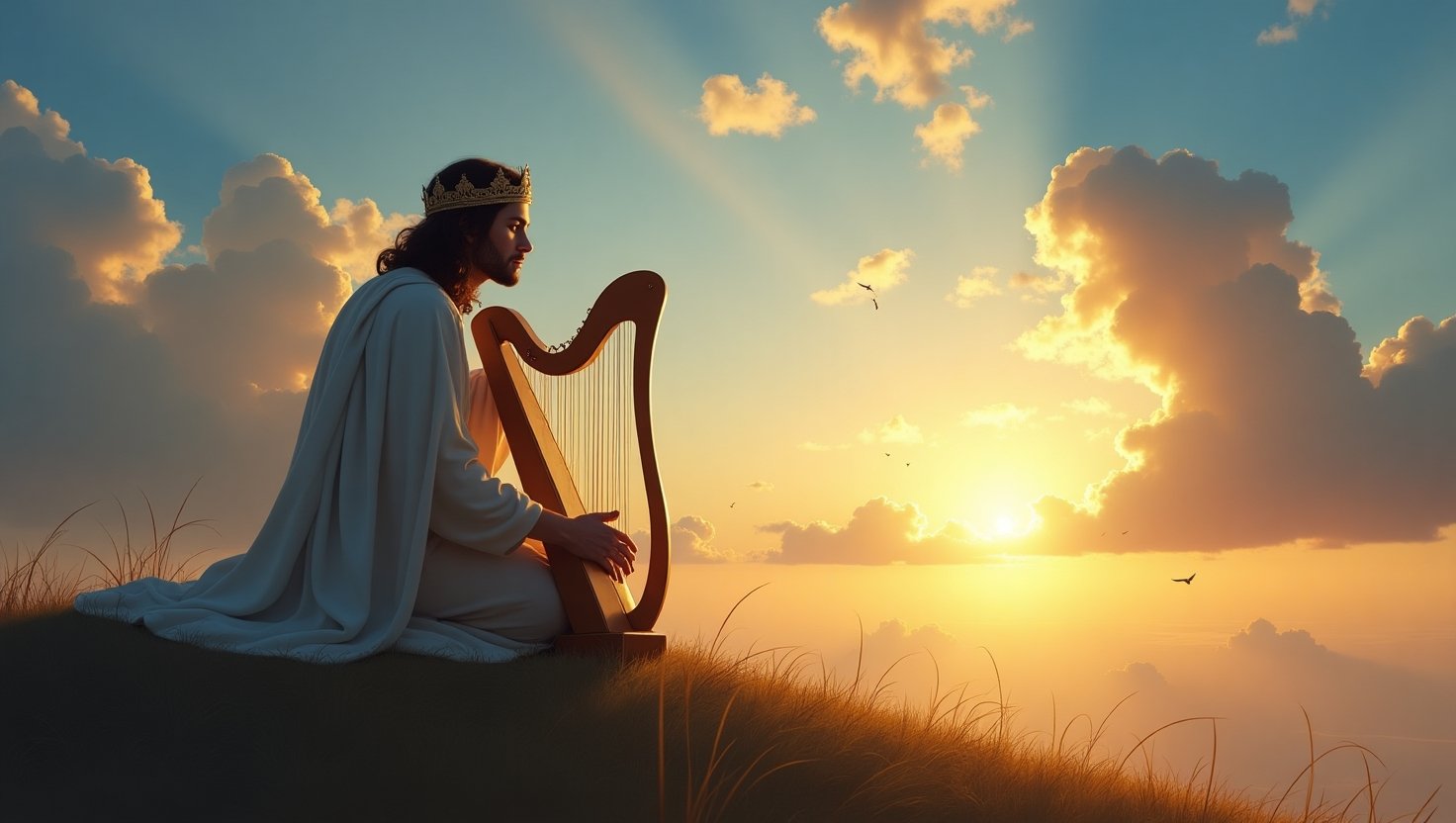 Representação do Rei Davi em oração ao amanhecer, tocando harpa sobre uma colina, com raios de sol dourados atravessando nuvens no céu, cena de inspiração bíblica e espiritualidade.