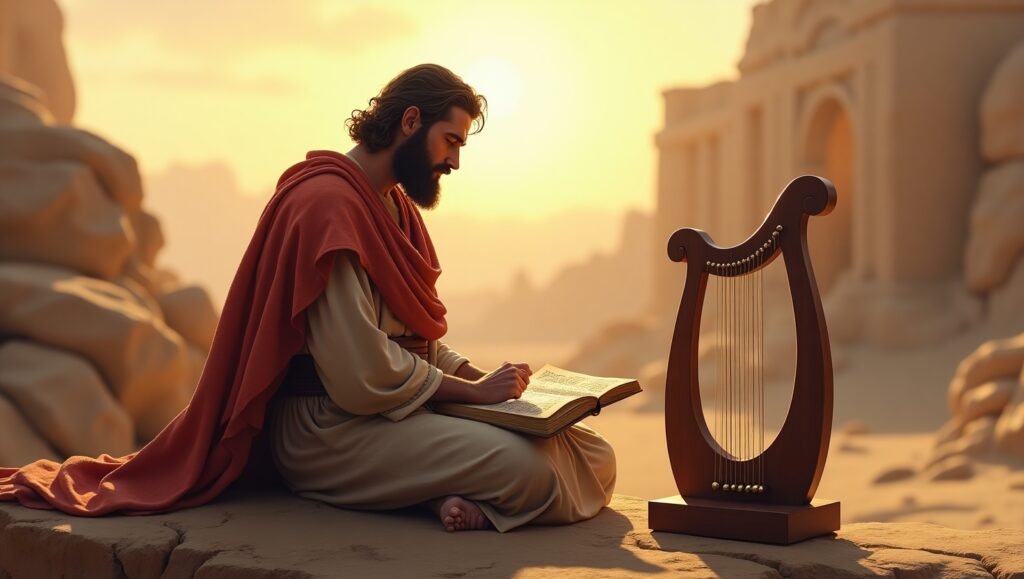 Rei Davi lendo e orando com pergaminhos dos Salmos ao pôr do sol, com harpa ao lado em cenário bíblico no deserto