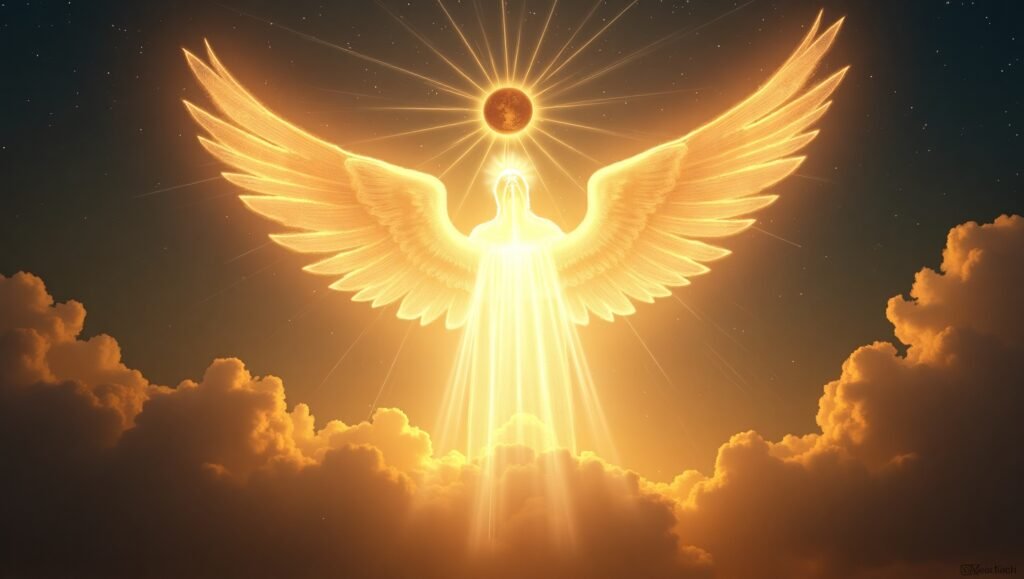 Representação artística do Espírito Santo em forma de pomba luminosa com asas abertas, irradiando luz dourada entre as nuvens, sob um céu estrelado e celestial.