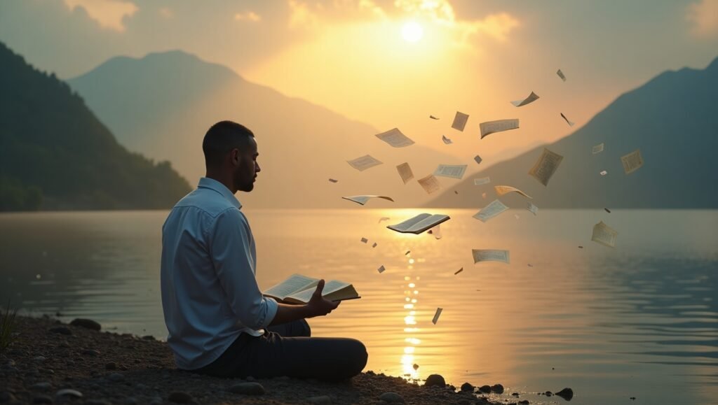 Homem sentado à beira de um lago tranquilo ao amanhecer, segurando um livro aberto, com páginas voando ao vento, montanhas ao fundo e luz suave do sol refletindo na água, cena de contemplação e inspiração.