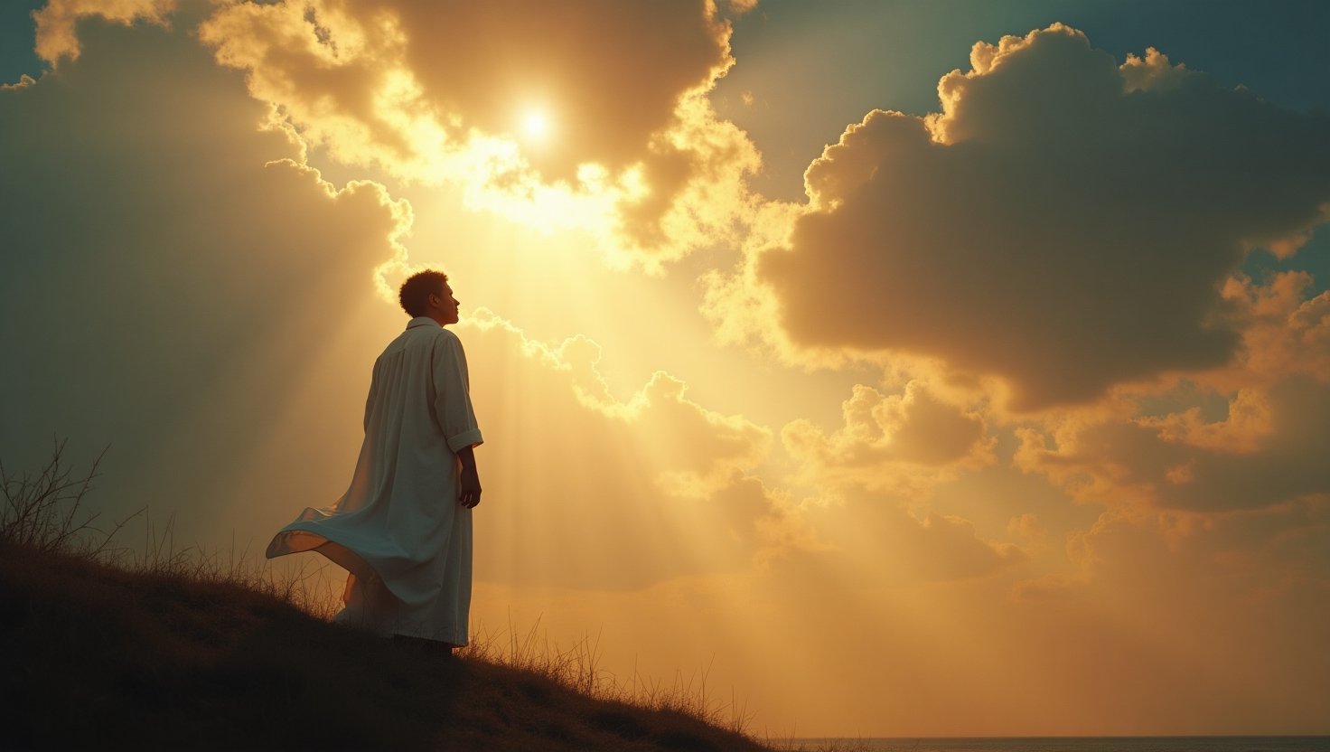 Um homem com aparência bíblica, vestindo túnica branca, contempla o céu dourado com raios de sol atravessando as nuvens, simbolizando fé, espiritualidade e conexão divina.
