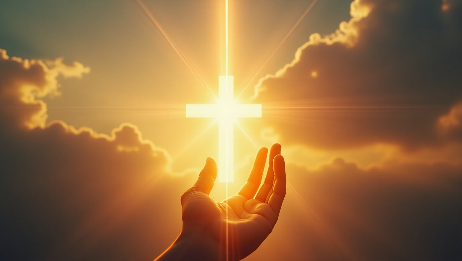 Mão estendida segurando uma cruz brilhante entre nuvens iluminadas pelo pôr do sol, simbolizando fé, esperança, conexão divina e luz espiritual.