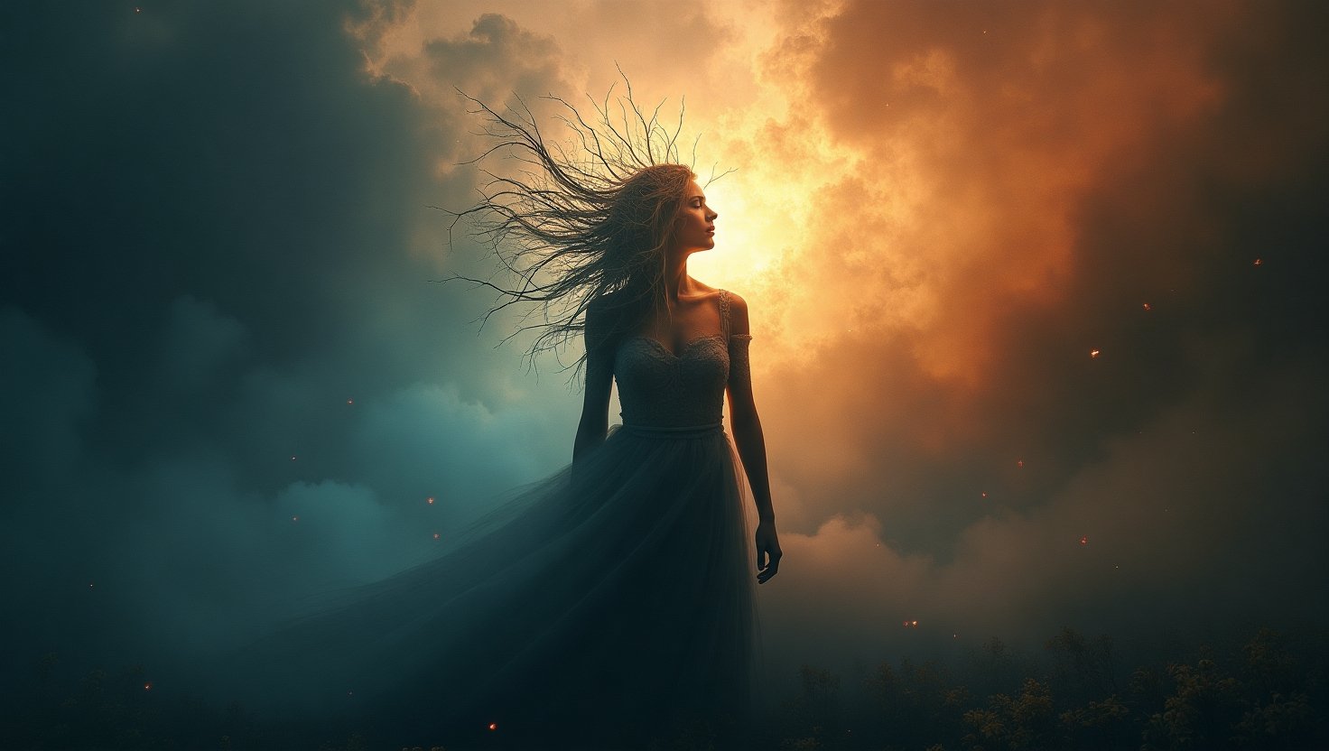 Mulher em pé vestindo um vestido etéreo em meio a uma névoa densa com cabelo esvoaçante e linhas semelhantes a galhos irradiando de sua cabeça, simbolizando energia desalinhada e aura fragmentada em um ambiente surreal com céu dividido entre luz dourada e sombra azulada. Desalinhado com Seus Desejos