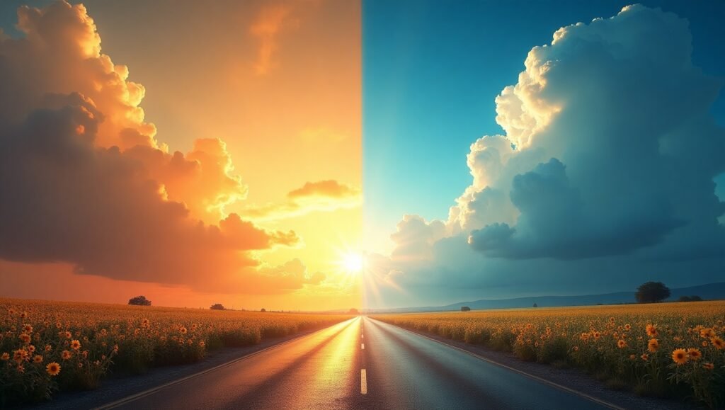 Estrada dividindo um campo de girassóis sob céu com contraste entre entardecer alaranjado e amanhecer azul, representando dualidade e escolhas na jornada da vida. Autoengano na Manifestação em 7 Etapas